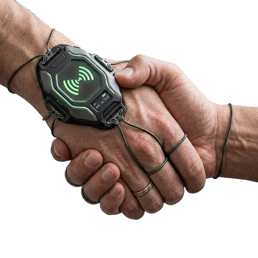 Two pilgrims shaking hands with SalamLink wearable prototype initiating NFC connection
